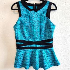 Worthington Peplum Black Crisscross & Teal Business Top Medium